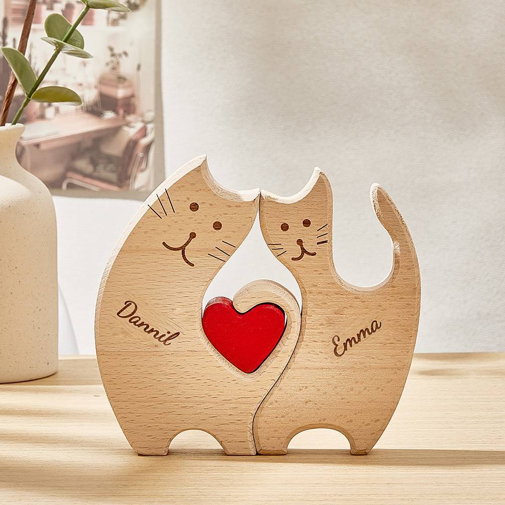 Personalized Wooden Cats Custom Family Member Names Puzzle Home Decor Gifts - mysiliconefoodbag