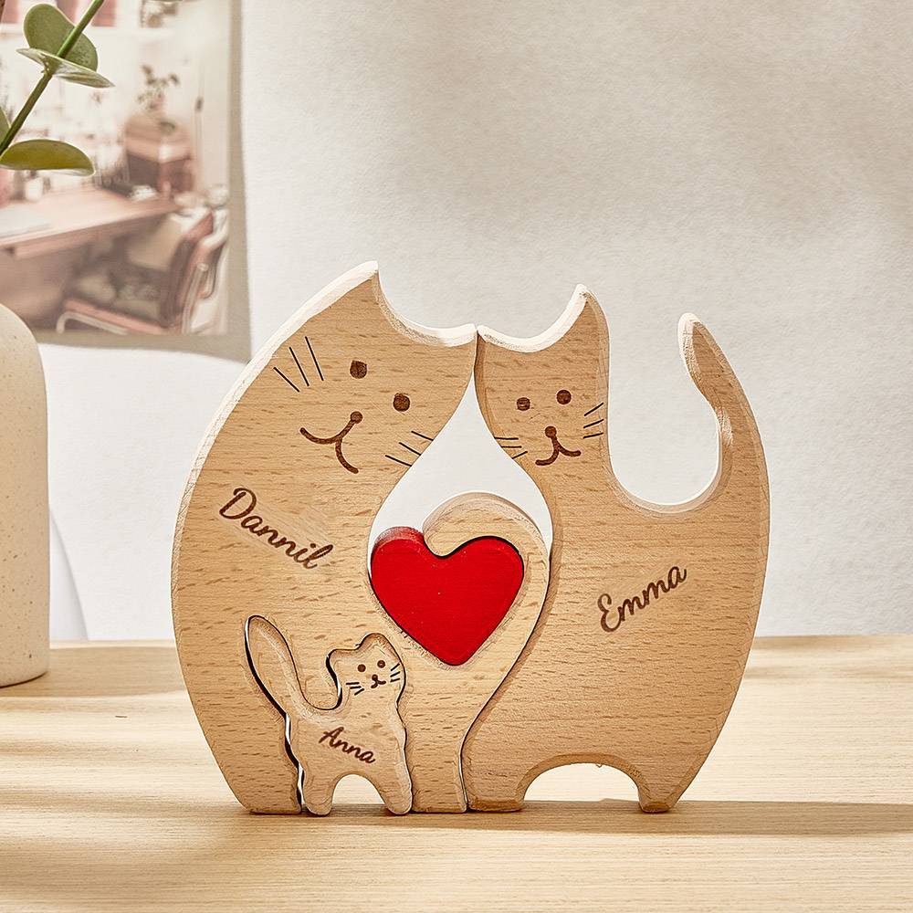 Personalized Wooden Cats Custom Family Member Names Puzzle Home Decor Gifts - mysiliconefoodbag