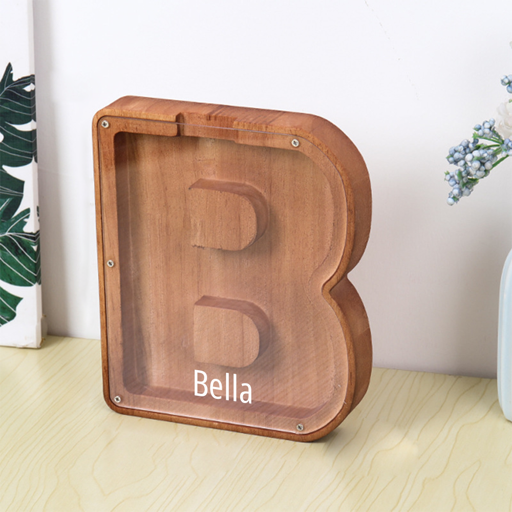 Personalized Letter Piggy Bank Custom Name Wooden Engraved Letter Money Box Gift for Kids - mysiliconefoodbag