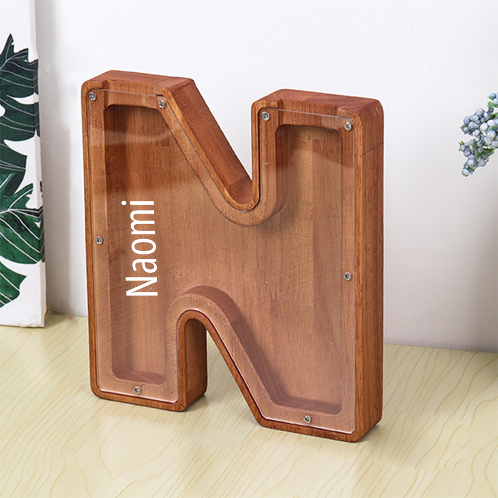 Personalized Letter Piggy Bank Custom Name Wooden Engraved Letter Money Box Gift for Kids - mysiliconefoodbag