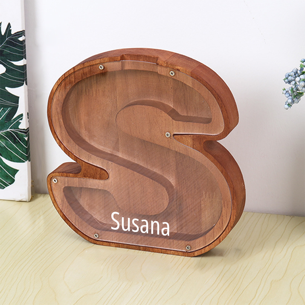 Personalized Letter Piggy Bank Custom Name Wooden Engraved Letter Money Box Gift for Kids - mysiliconefoodbag