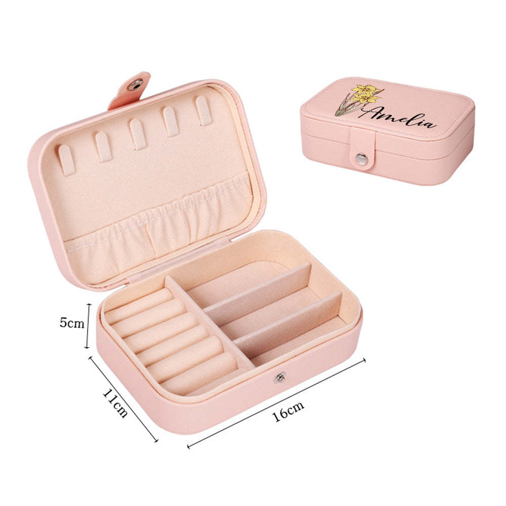 Personalized Birth Flower Leather Travel Jewelry Box with Name Waterproof Multiple Compartments Birthday Bridesmaid Gift for Women Girls - mysiliconefoodbag
