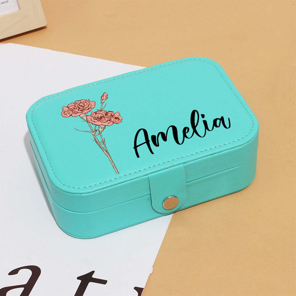 Personalized Birth Flower Leather Travel Jewelry Box with Name Waterproof Multiple Compartments Birthday Bridesmaid Gift for Women Girls - mysiliconefoodbag