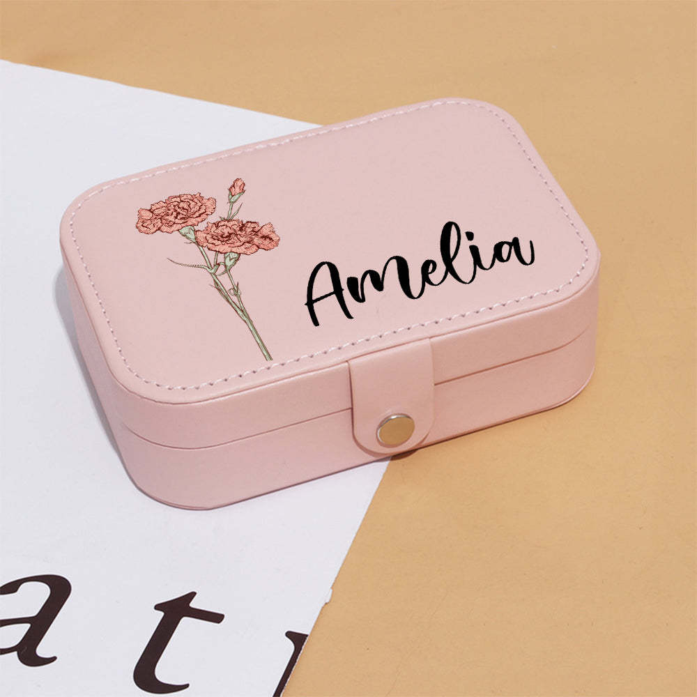 Personalized Birth Flower Leather Travel Jewelry Box with Name Waterproof Multiple Compartments Birthday Bridesmaid Gift for Women Girls - mysiliconefoodbag
