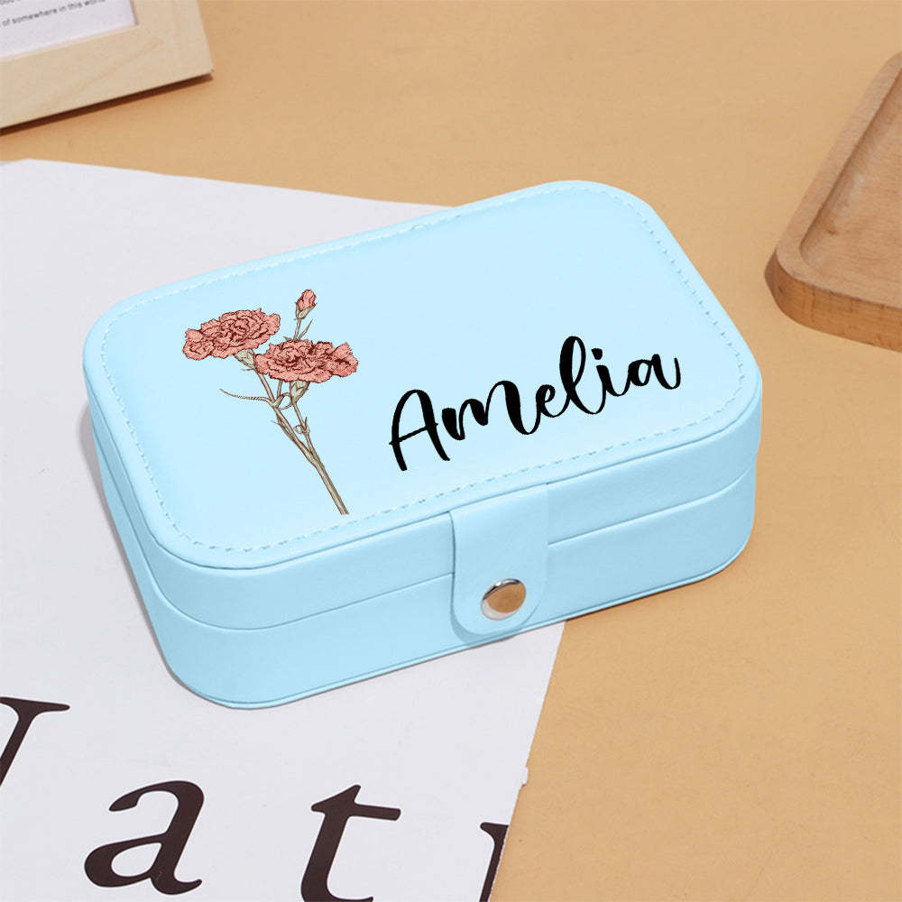 Personalized Birth Flower Leather Travel Jewelry Box with Name Waterproof Multiple Compartments Birthday Bridesmaid Gift for Women Girls - mysiliconefoodbag