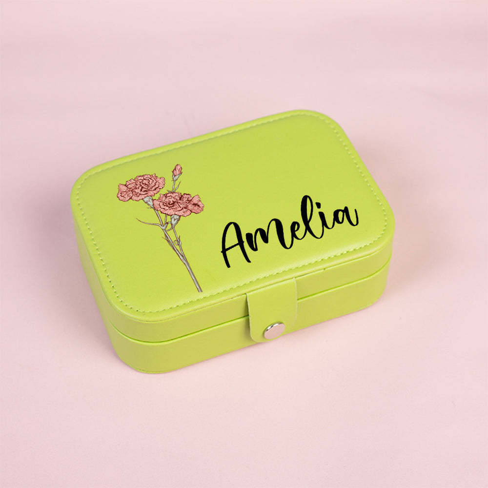 Personalized Birth Flower Leather Travel Jewelry Box with Name Waterproof Multiple Compartments Birthday Bridesmaid Gift for Women Girls - mysiliconefoodbag