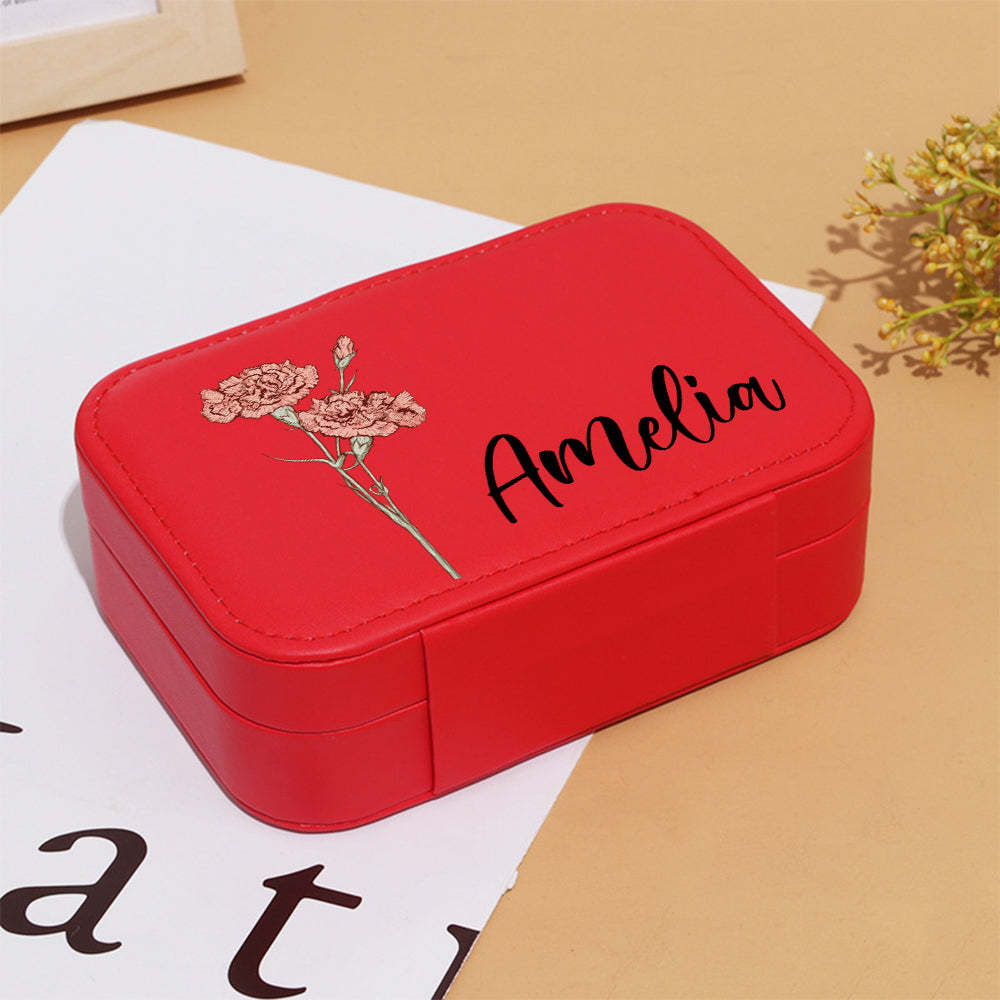 Personalized Birth Flower Leather Travel Jewelry Box with Name Waterproof Multiple Compartments Birthday Bridesmaid Gift for Women Girls - mysiliconefoodbag