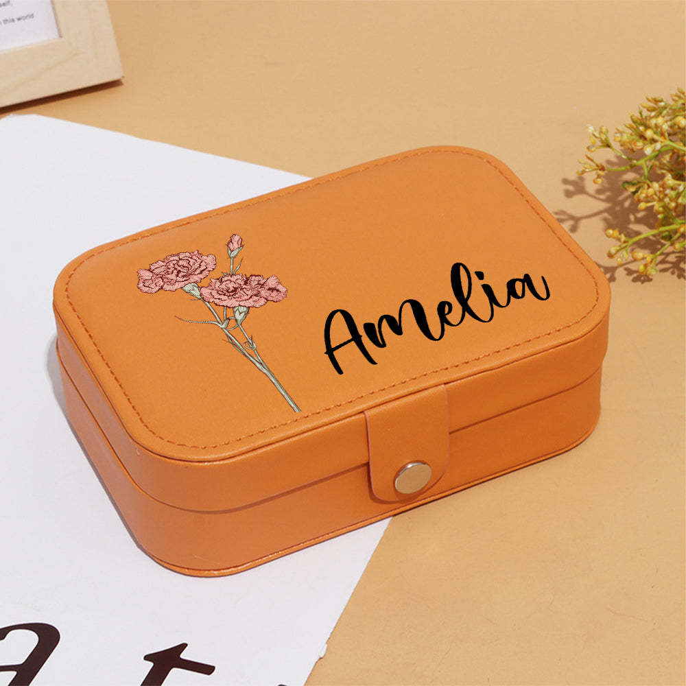 Personalized Birth Flower Leather Travel Jewelry Box with Name Waterproof Multiple Compartments Birthday Bridesmaid Gift for Women Girls - mysiliconefoodbag