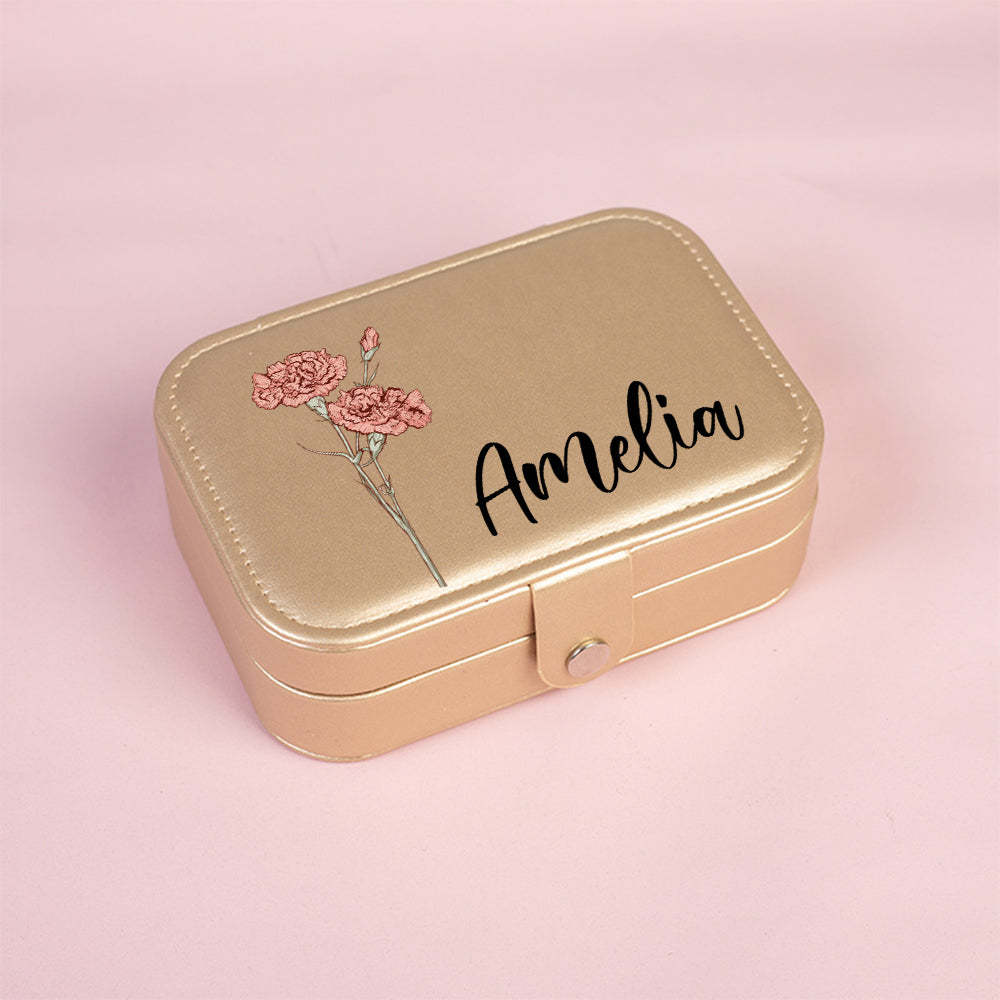 Personalized Birth Flower Leather Travel Jewelry Box with Name Waterproof Multiple Compartments Birthday Bridesmaid Gift for Women Girls - mysiliconefoodbag