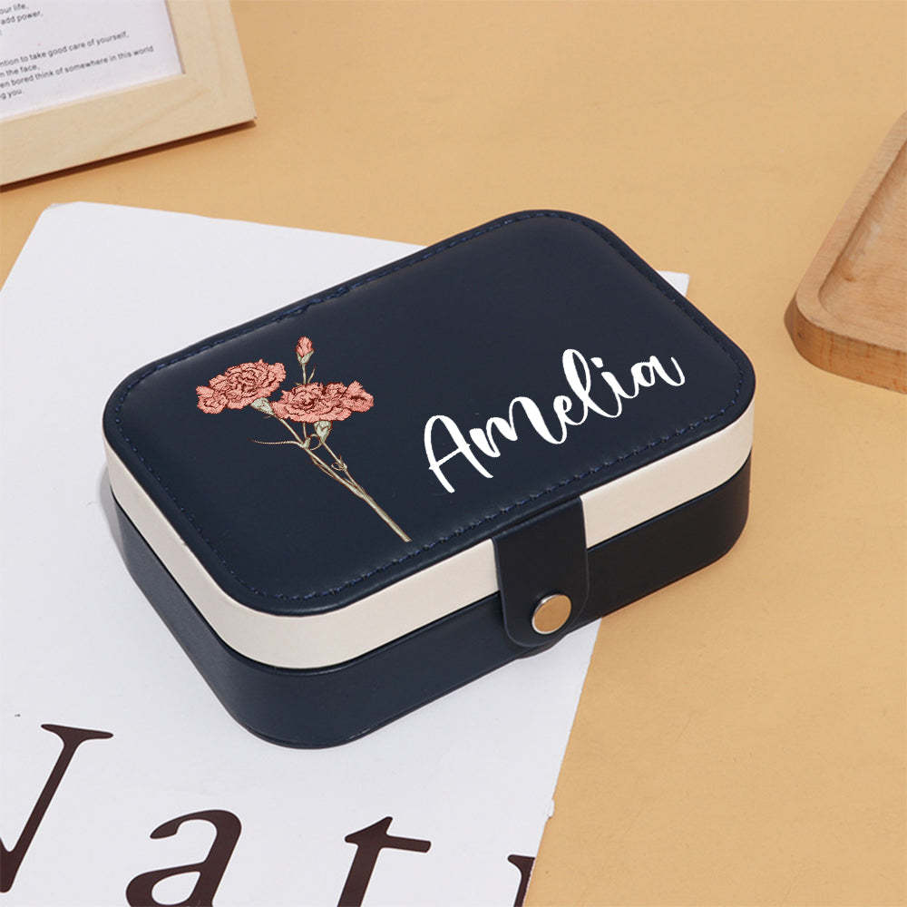 Personalized Birth Flower Leather Travel Jewelry Box with Name Waterproof Multiple Compartments Birthday Bridesmaid Gift for Women Girls - mysiliconefoodbag