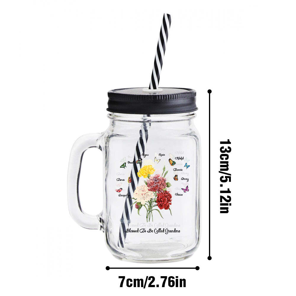 Personalized Birth Butterfly Bouquet Mason Jar with Handle Lid and Straw Birthday Gift for Mom Grandma - mysiliconefoodbag
