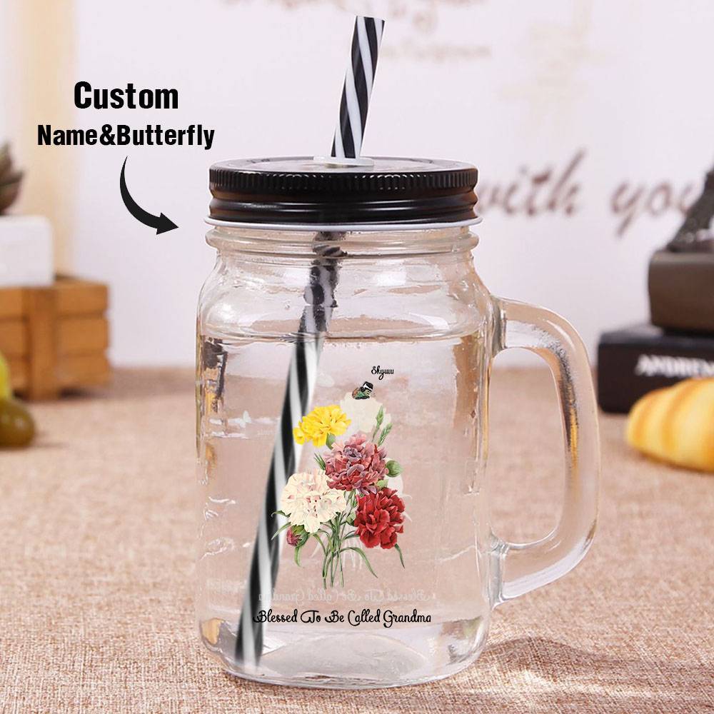 Personalized Birth Butterfly Bouquet Mason Jar with Handle Lid and Straw Birthday Gift for Mom Grandma - mysiliconefoodbag