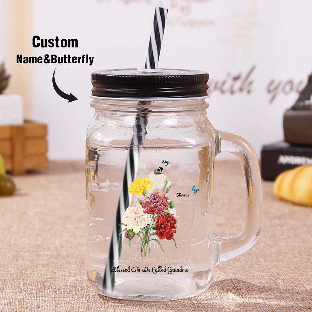 Personalized Birth Butterfly Bouquet Mason Jar with Handle Lid and Straw Birthday Gift for Mom Grandma - mysiliconefoodbag