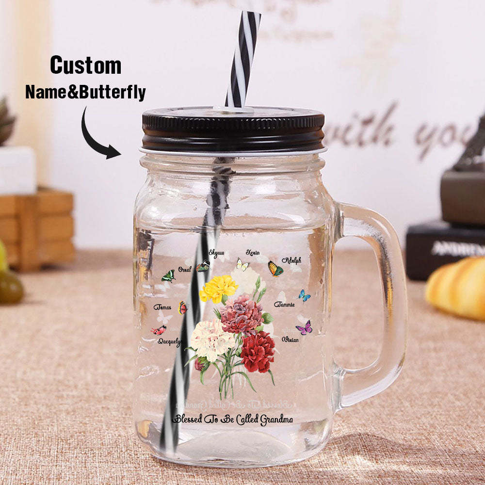 Personalized Birth Butterfly Bouquet Mason Jar with Handle Lid and Straw Birthday Gift for Mom Grandma - mysiliconefoodbag