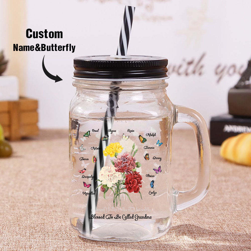 Personalized Birth Butterfly Bouquet Mason Jar with Handle Lid and Straw Birthday Gift for Mom Grandma - mysiliconefoodbag