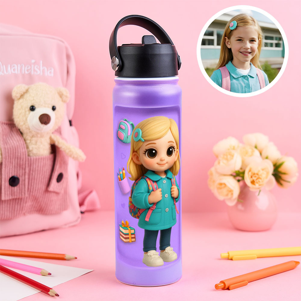 Custom Photo 3D Inflated Effect Printed Kids Water Bottle - Personalized Back To School Gifts For Kids - mysiliconefoodbag