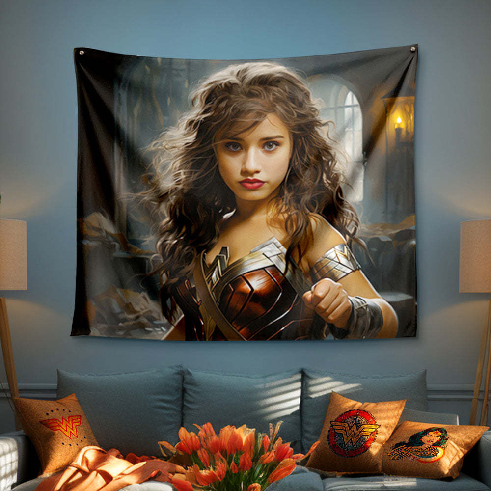 Custom Face Wonder Woman Tapestry Personalized Portrait from Photo Gifts for Her - mysiliconefoodbag