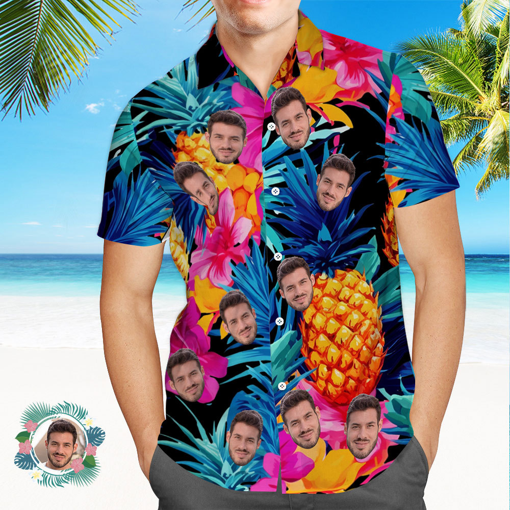 Custom Face Hawaiian Shirt All Over Print Funky Personalized Shirt - Print Leaves Flowers Pineapple - mysiliconefoodbag