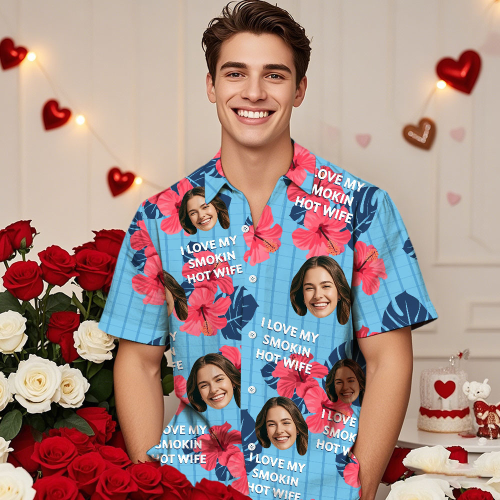 Personalized Face Hawaiian Shirt Family Photo And Text Hawaiian Shirt Gift I LOVE MY SMOKIN HOT WIFE - MyPhotoSocks