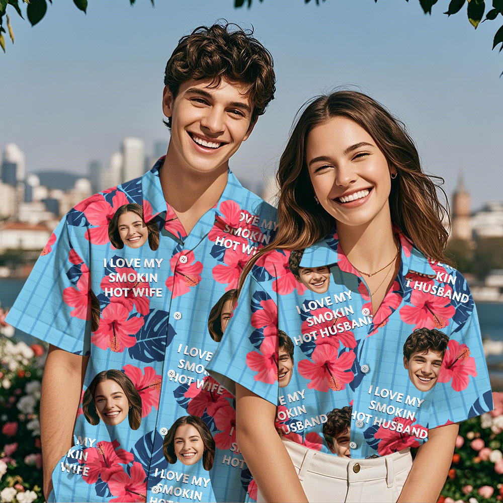 Personalized Face Hawaiian Shirt Family Photo And Text Hawaiian Shirt Gift I LOVE MY SMOKIN HOT WIFE - MyPhotoSocks
