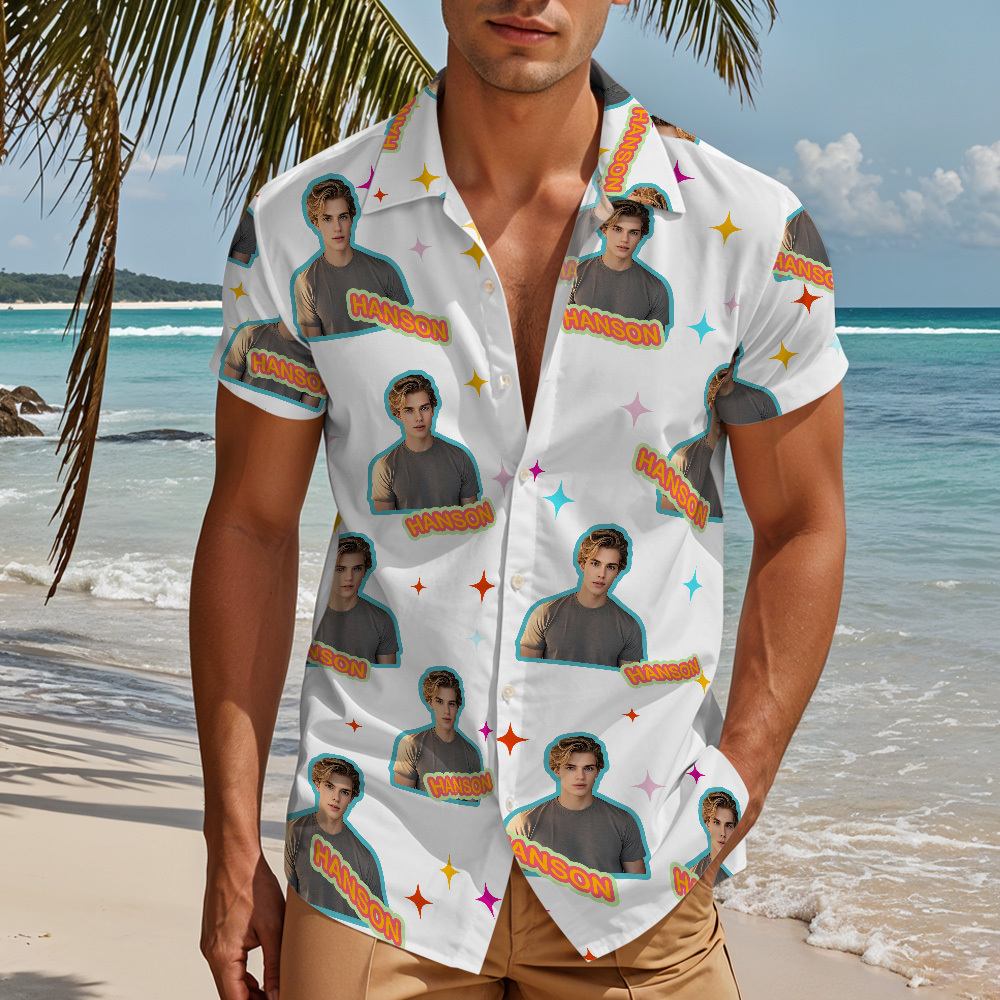 90s Pop Custom Face White Camp-Collar Shirt Personalized Retro Shirt for Summer Trips, Birthday, or Bachelor Party - mysiliconefoodbag