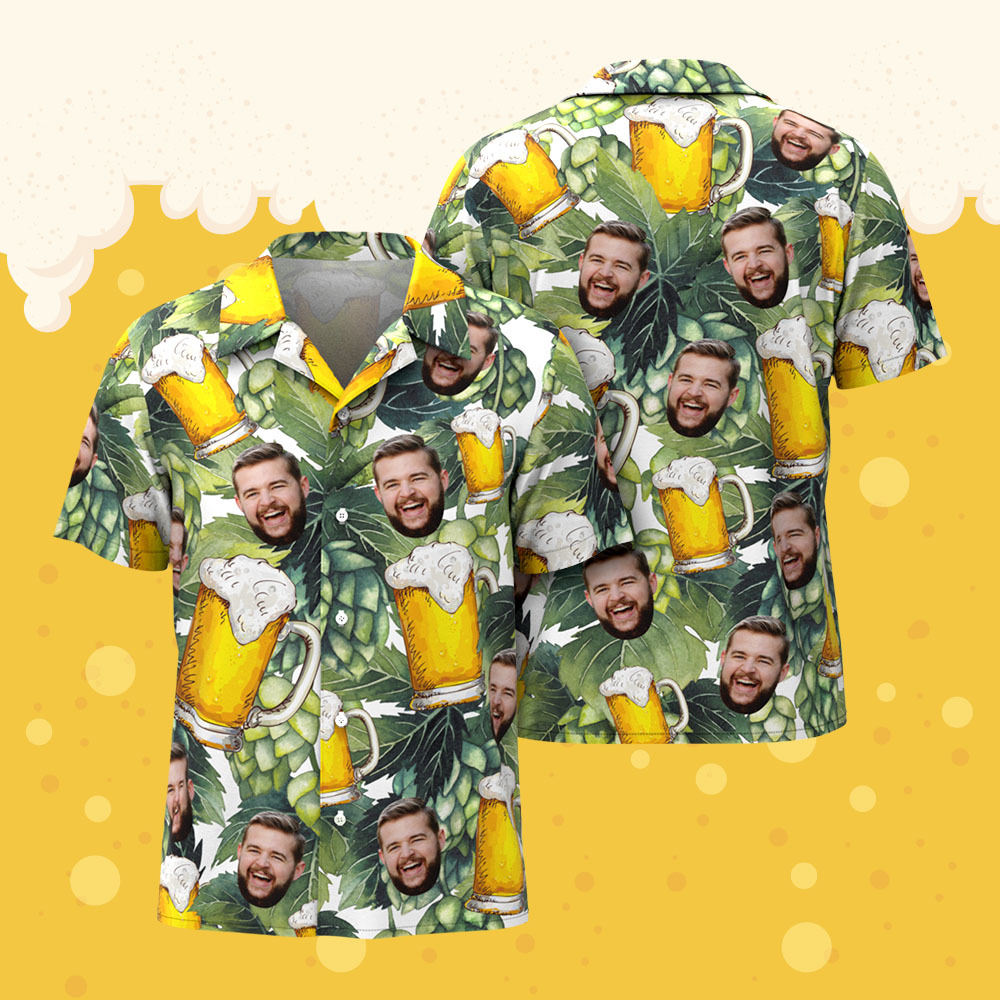 Custom Beer Mug Hawaiian Shirt with Face, Hop & Barley Design Funny Oktoberfest, Summer BBQ, Beer Lover Party Outfit - mysiliconefoodbag