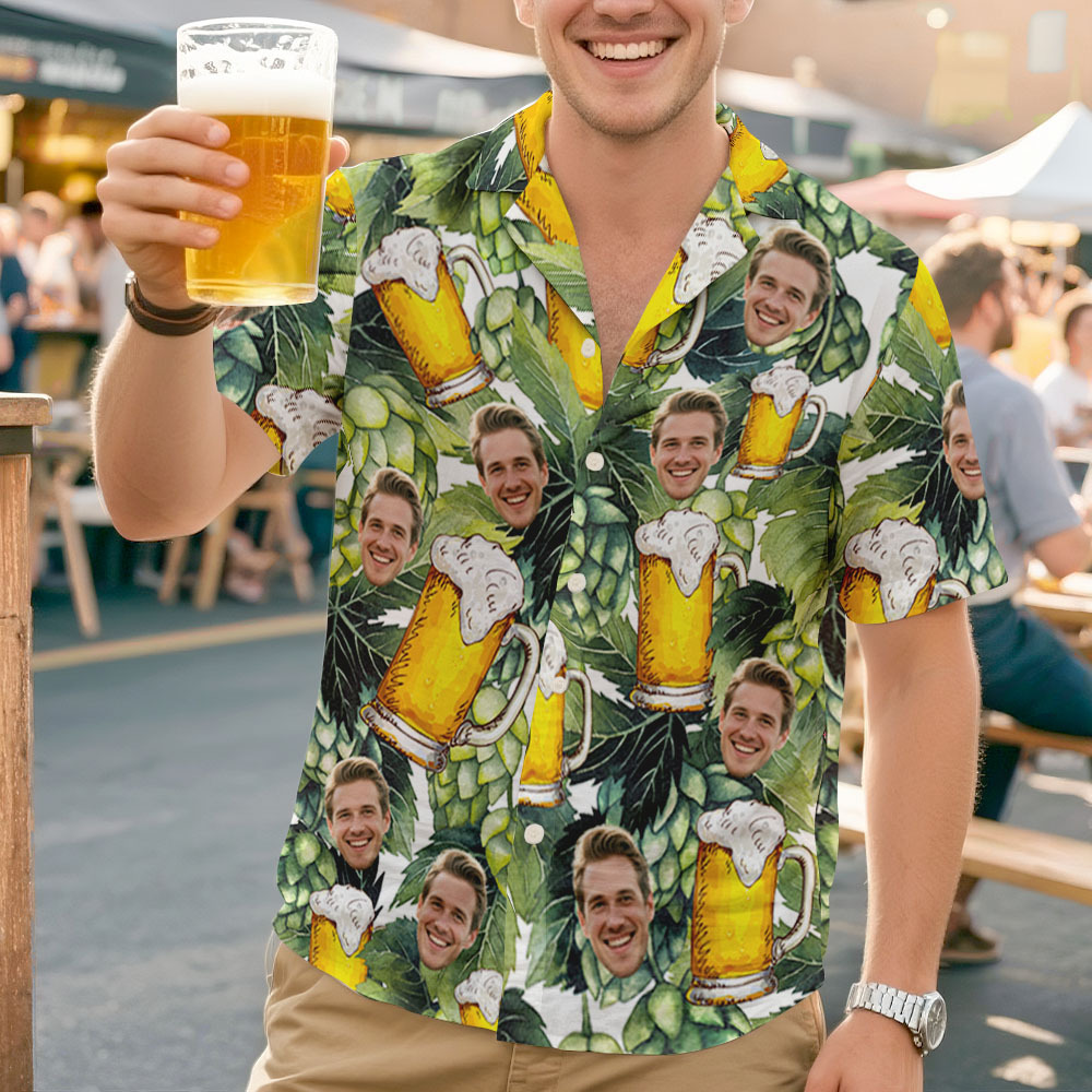 Custom Beer Mug Hawaiian Shirt with Face, Hop & Barley Design Funny Oktoberfest, Summer BBQ, Beer Lover Party Outfit - mysiliconefoodbag