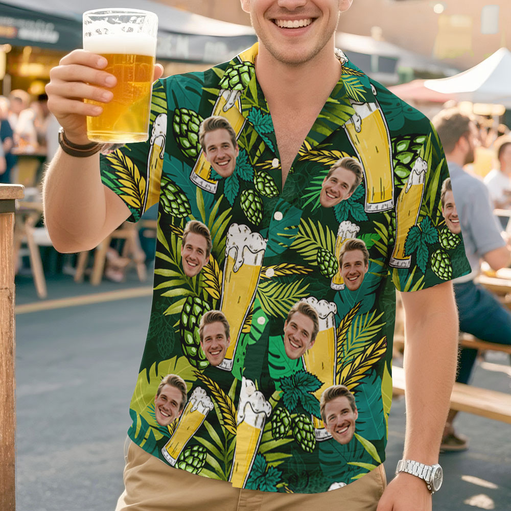 Custom Face Tropical Lager Leaf Hawaiian Shirt Funny Personalized Beer Shirt for Beer Lover, Summer BBQ, Camping - mysiliconefoodbag
