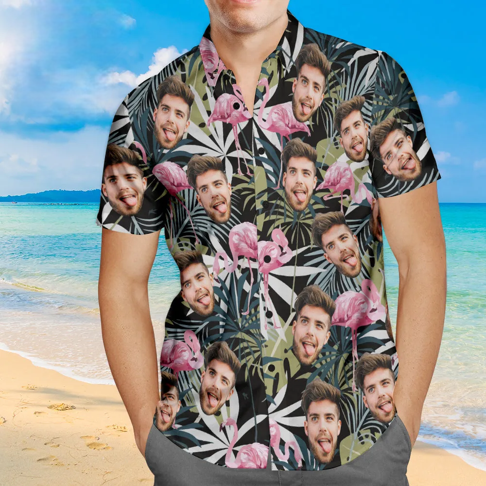 Custom Face Hawaiian Shirt Leaves and Flamingo Personalized Aloha Beach Shirt For Men
