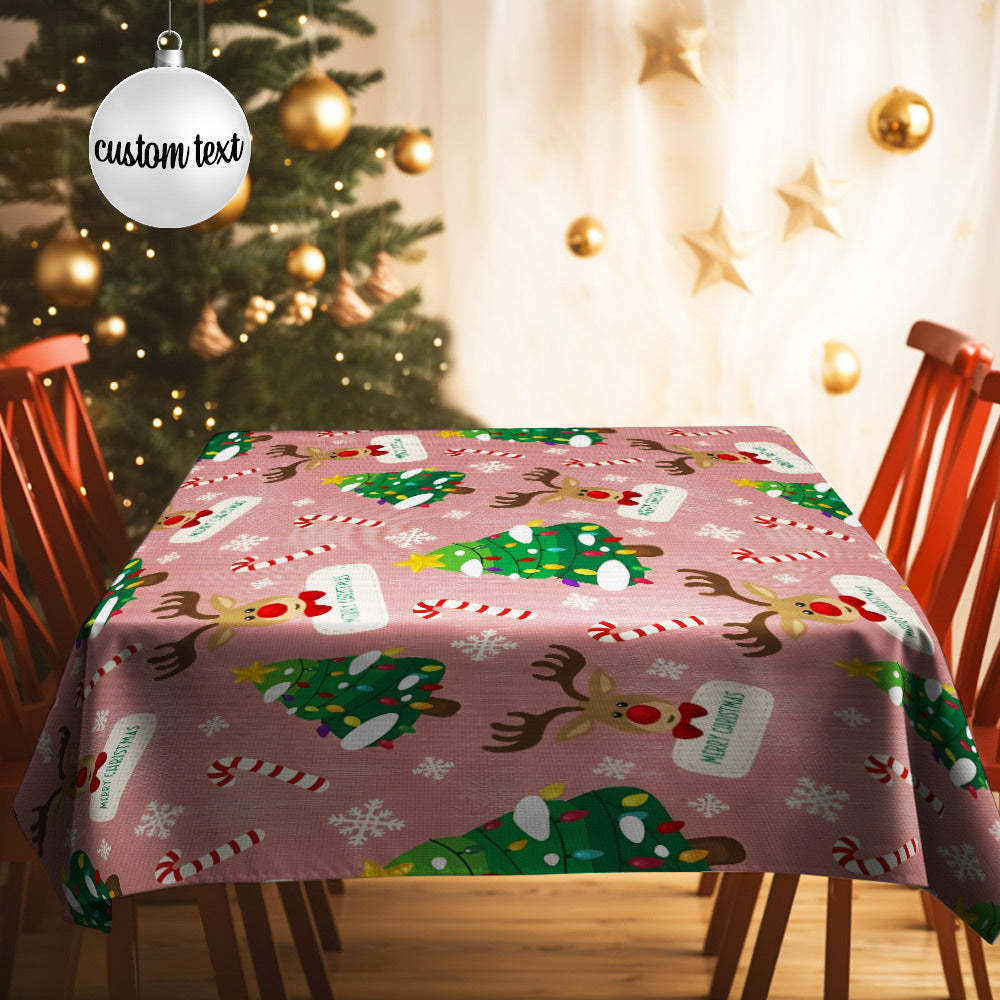 Custom Text Christmas Deer and Christmas Tree Tablecloth Personalized Washable Table Cover Christmas Gift - mysiliconefoodbag