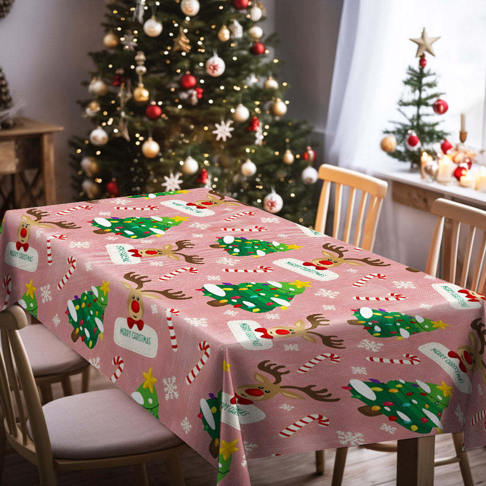 Custom Text Christmas Deer and Christmas Tree Tablecloth Personalized Washable Table Cover Christmas Gift - mysiliconefoodbag