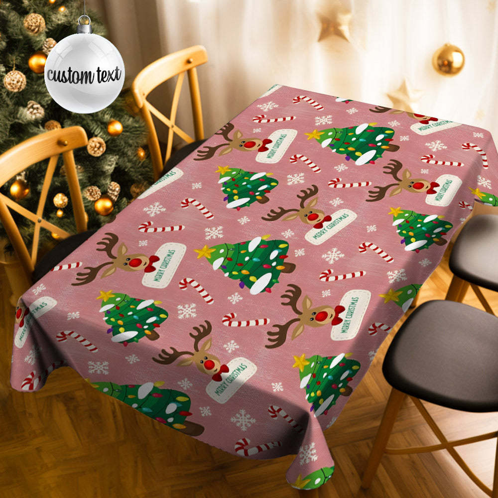 Custom Text Christmas Deer and Christmas Tree Tablecloth Personalized Washable Table Cover Christmas Gift - mysiliconefoodbag