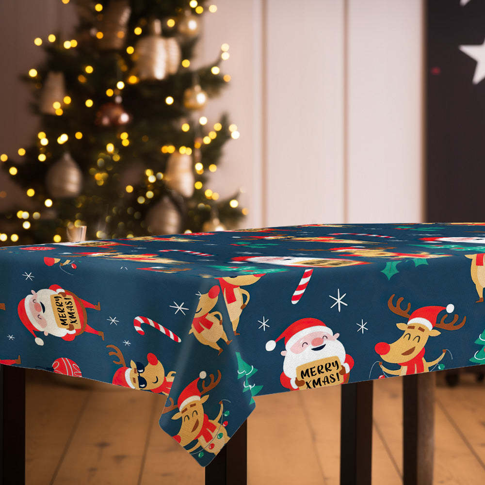 Custom Text Santa and Christmas Elk Tablecloth Personalized Washable Table Cover Christmas Gift - mysiliconefoodbag