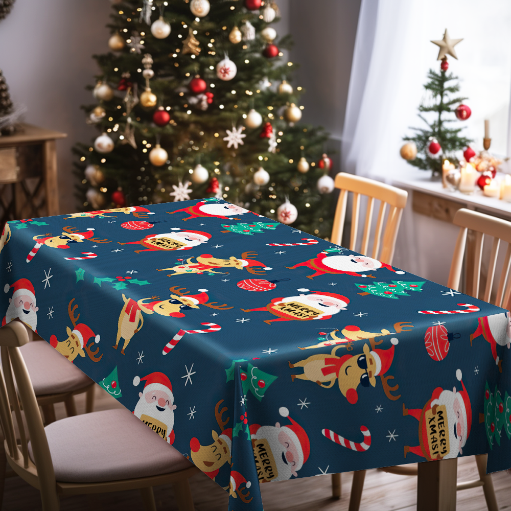 Custom Text Santa and Christmas Elk Tablecloth Personalized Washable Table Cover Christmas Gift - mysiliconefoodbag