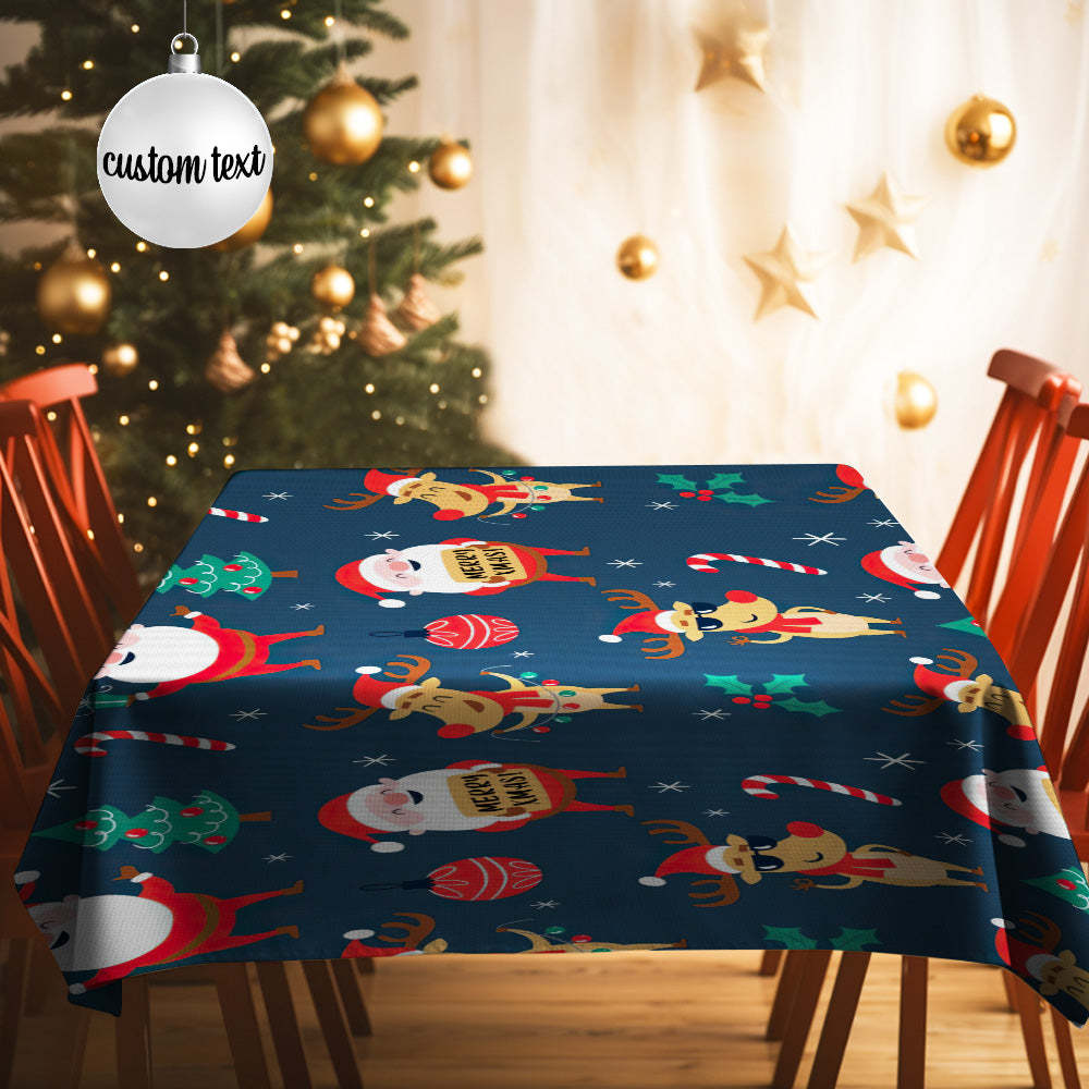 Custom Text Santa and Christmas Elk Tablecloth Personalized Washable Table Cover Christmas Gift - mysiliconefoodbag