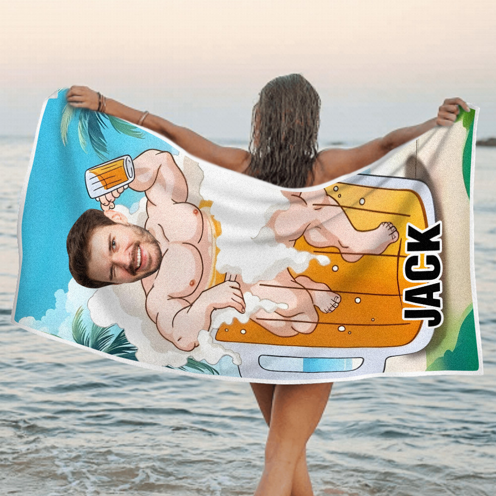 Father's Day Gift , Personalized Beach Towel For Adults Couple Gifts For Him , Beer Man, Muscle Man , Quick Dry , For Dad, No Sand Microfiber Beach Towel - MyFaceTshirt