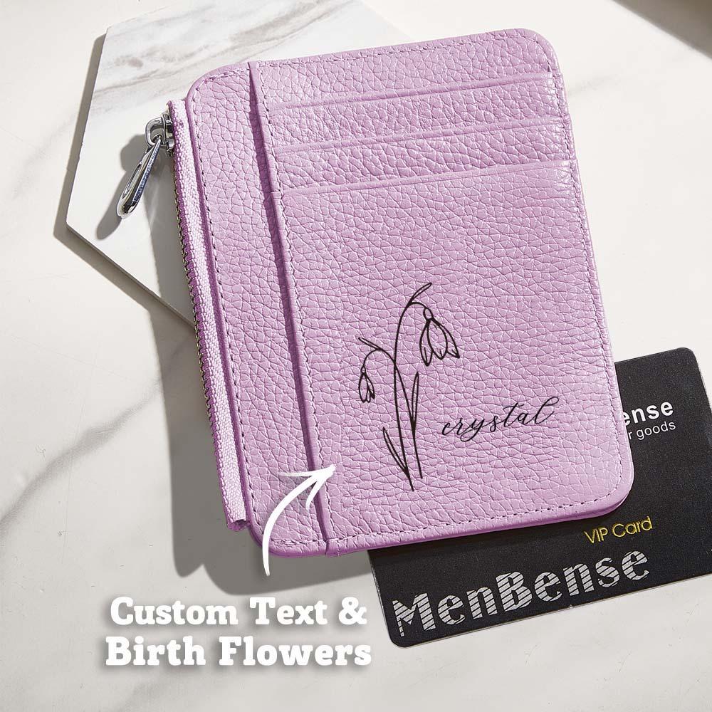 Personalized Birth Flower Leather Wallet with Name 8 Card Slots Wallet Birthday Gift for Her - mysiliconefoodbag