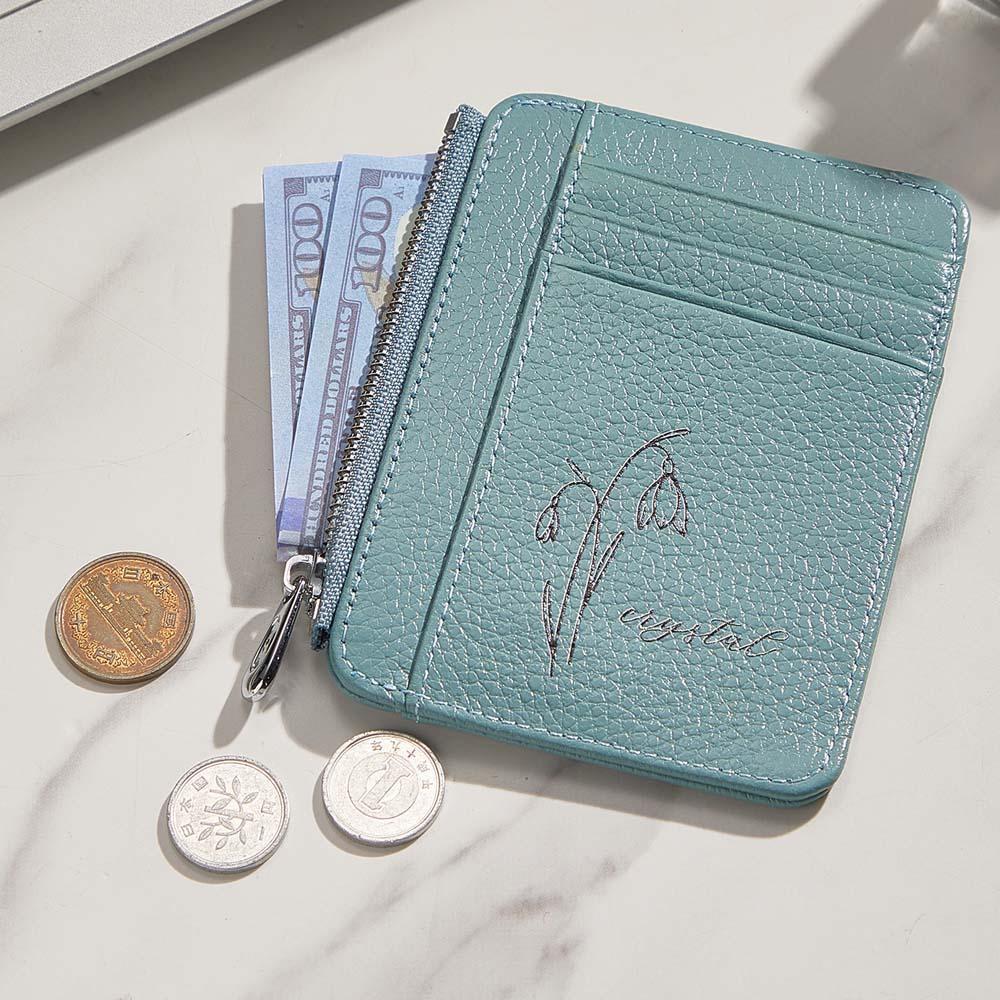Personalized Birth Flower Leather Wallet with Name 8 Card Slots Wallet Birthday Gift for Her - mysiliconefoodbag