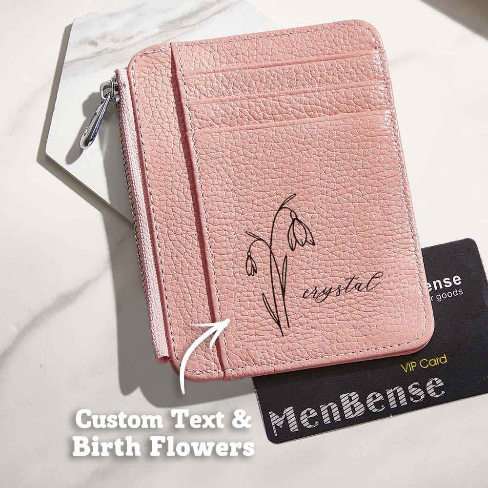 Personalized Birth Flower Leather Wallet with Name 8 Card Slots Wallet Birthday Gift for Her - mysiliconefoodbag
