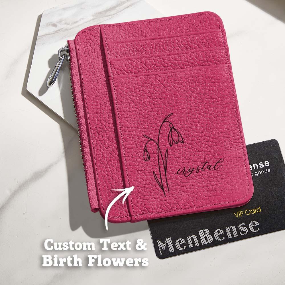 Personalized Birth Flower Leather Wallet with Name 8 Card Slots Wallet Birthday Gift for Her - mysiliconefoodbag