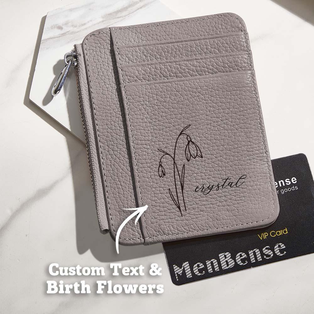 Personalized Birth Flower Leather Wallet with Name 8 Card Slots Wallet Birthday Gift for Her - mysiliconefoodbag