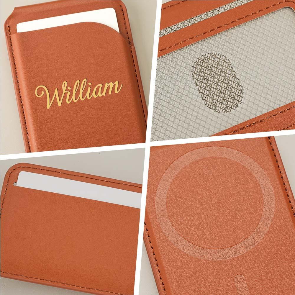 Personalized initials card pocket for iPhone magnetic faux leather flip stand, wallet with card slots, custom name clip