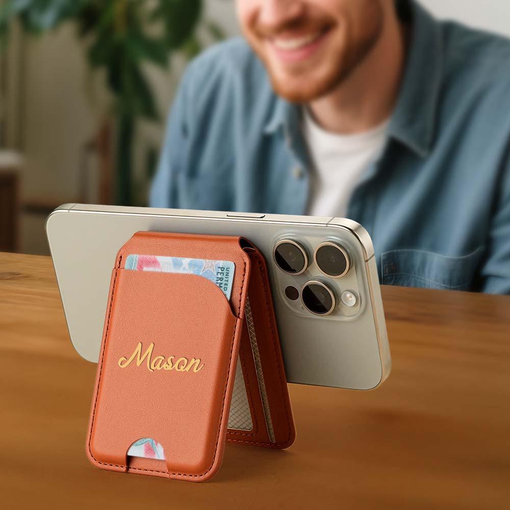 Personalized initials card pocket for iPhone magnetic faux leather flip stand, wallet with card slots, custom name clip