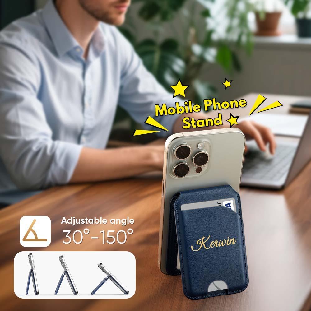 Personalized initials card pocket for iPhone magnetic faux leather flip stand, wallet with card slots, custom name clip