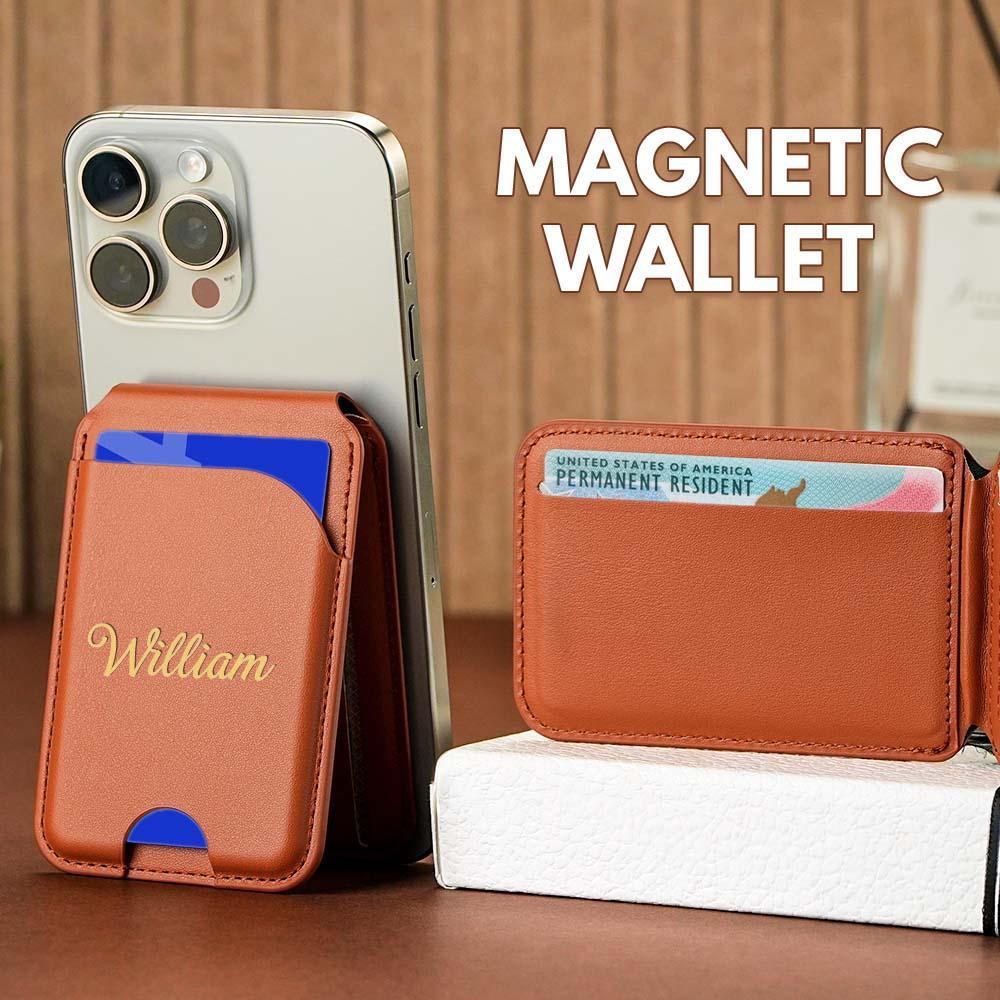 Personalized initials card pocket for iPhone magnetic faux leather flip stand, wallet with card slots, custom name clip