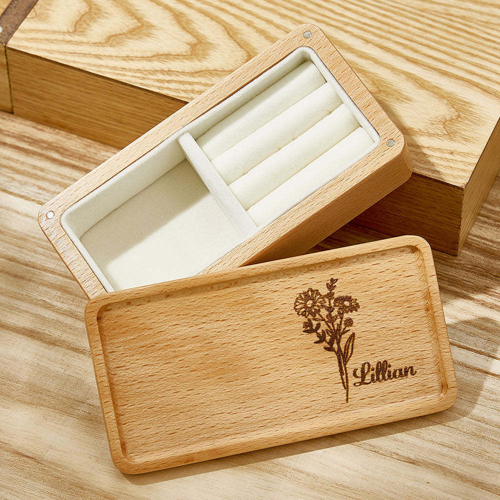Personalized Birth Flower Jewelry Box Custom Name Jewelry Organizer Gift for Her - SantaSocks