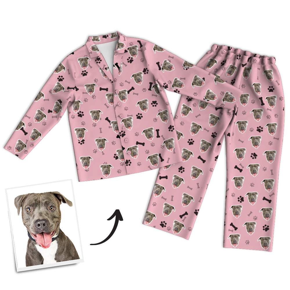 Custom Dog Photo Long Sleeve Pajamas, Sleepwear, Nightwear - Bone - mysiliconefoodbag