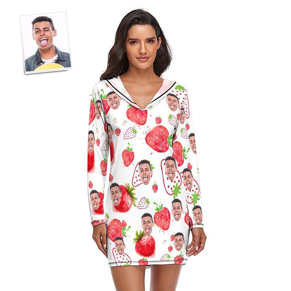 Custom Face Pajamas Women's Pajama Sets Long-sleeved Dress Summer Sleepwear - Strawberry - mysiliconefoodbag