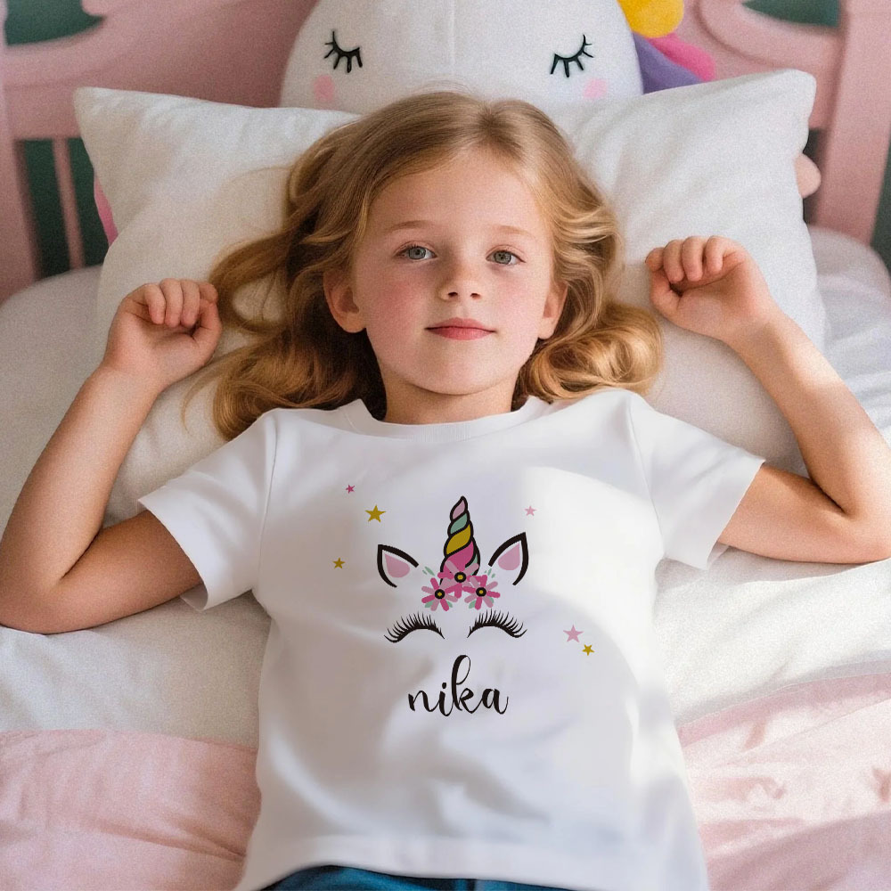 Custom Kid's Pajama Unicorn Style for Little Girls Soft Modal Fabric Homewear, Personalized PJ Sizes 39in to 59in Short Sleeve & Shorts