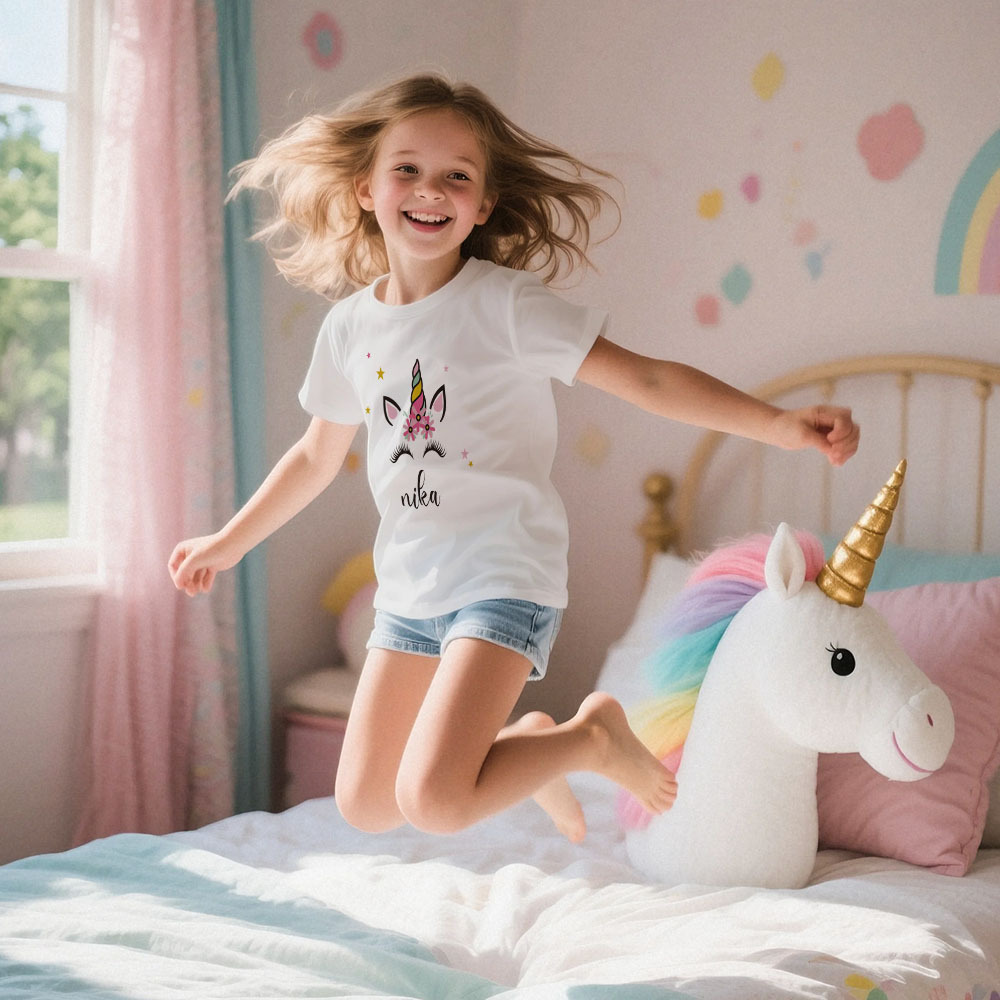 Custom Kid's Pajama Unicorn Style for Little Girls Soft Modal Fabric Homewear, Personalized PJ Sizes 39in to 59in Short Sleeve & Shorts
